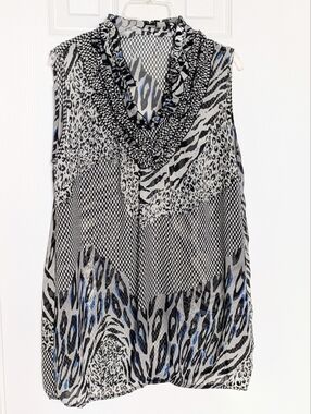Simon Chang Sheer Sleeveless Mixed Print Blouse w/Ruffled Neckline & Balloon Hem
